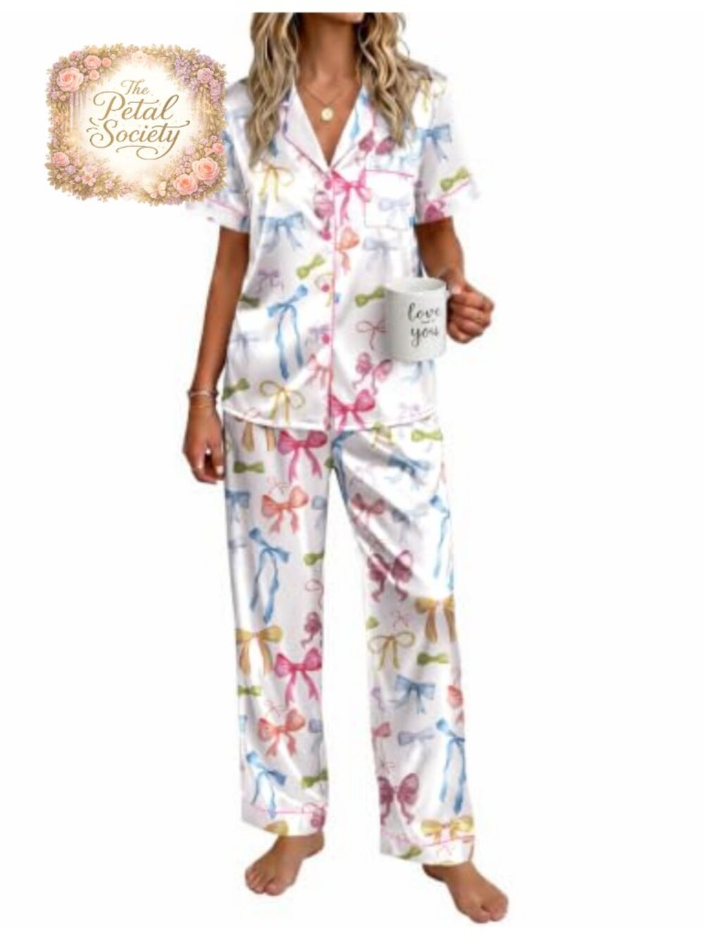 Satin Pajama Set Silky Short Sleeve Button Down PJ Set